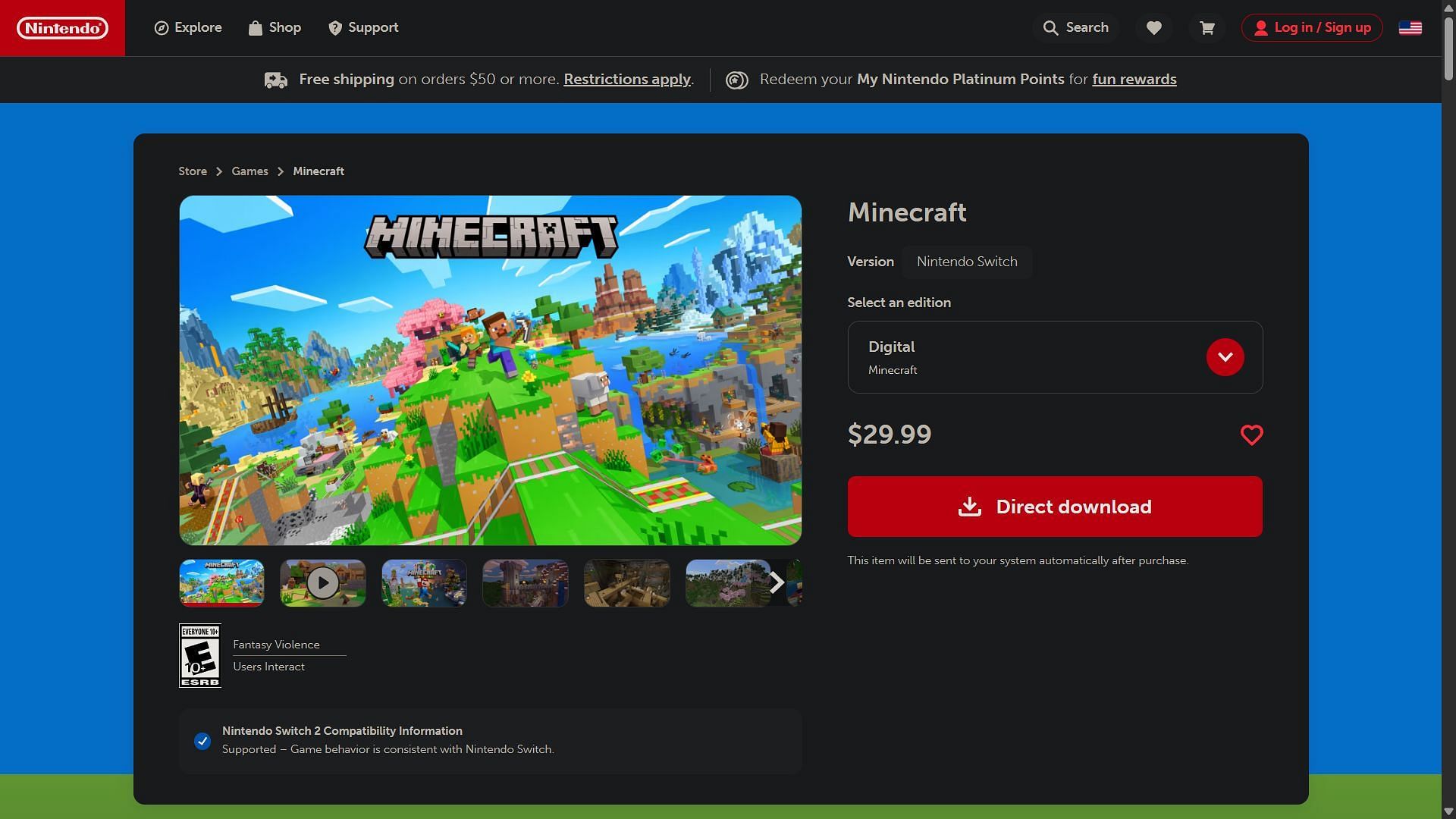 Minecraft on Nintendo website (Image via Nintendo)